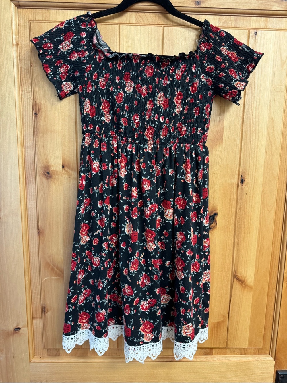 Black Floral Smocked Dress with Lace